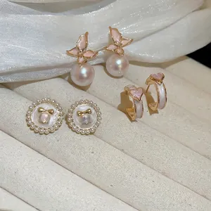 Boucles Oreilles Künstliche Perles Fleur Papillon Coeur Alliage Français Rétro Doux Rose Or Bijoux Avec Tige Argent Sterling 925 Femmes