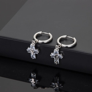 Sleek silver stainless steel cross earrings for men and women with sparkling zircons