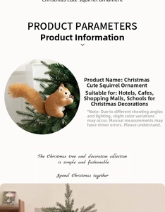 Close-up of realistic brown squirrel ornament with pine cone on Christmas tree branch