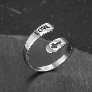 Vintage stainless steel cross ring for women with love letter engraving in silver