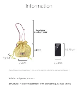 Detailed size specifications of a yellow checkered drawstring bucket bag with pink strap