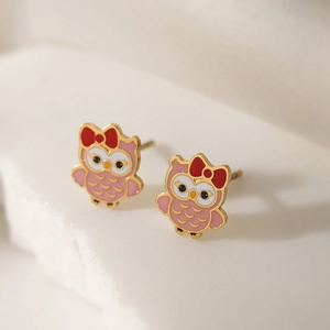 Cute pink owl stud earrings with 18K gold plating and red bow detail for women