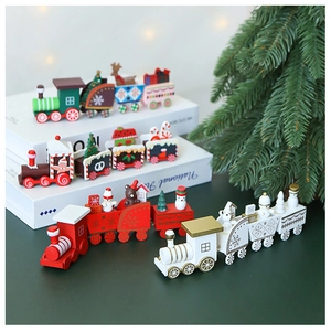 Detailed view of wooden Christmas train set in four colors with snowman and bear figures