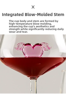 Detail of pink winged heart glass design inside a hand-blown crystal wine goblet