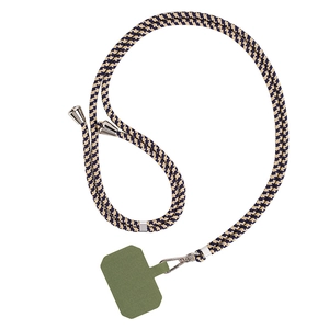 Adjustable crossbody phone lanyard in navy houndstooth weave with secure olive gasket
