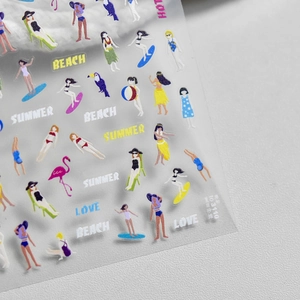 Self-adhesive summer beach nail art stickers featuring cartoon characters and tropical birds