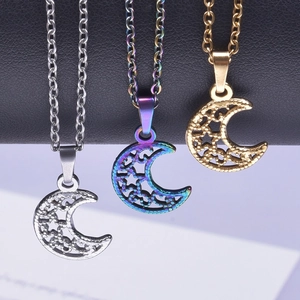 Minimalist stainless steel moon and star hollow necklace in gold, silver and rainbow finish