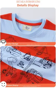 Detailed close-up of striped kids T-shirt collar and construction truck prints
