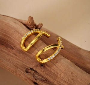 Close-up of gold U-shaped silver earrings with sparkling cubic zirconia on a wooden branch
