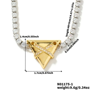 Detail view of gold triangle pendant on full zircon paved chain with size specifications