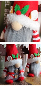 Detail of Christmas gnome plush with reindeer antlers and festive wooden button accents
