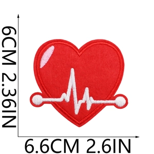 Detail view of heart embroidery patch with size dimensions 6.6cm by 6cm in red color