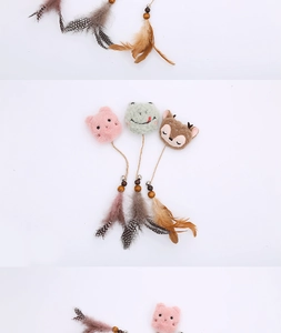 Plush cat toy set featuring cartoon animals with natural feathers and wooden beads