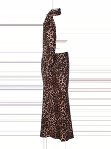 Detail shot of leopard print fabric texture on a slim fit maxi skirt for women