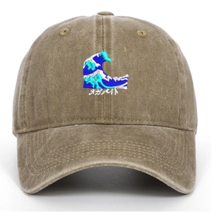 Detailed wave embroidery and Japanese characters on a vintage washed cotton baseball cap