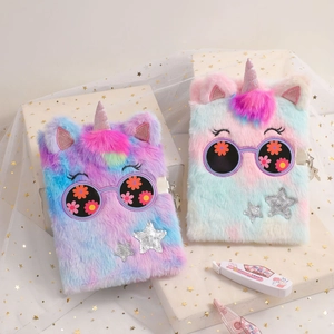 A5 plush unicorn notebook for kids with fuzzy cover, cartoon design, and secure metal lock