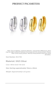 Detail of S925 silver hoop earrings with 18mm diameter specifications and weight info