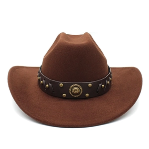 Western Cowboy Hat Wool Felt Wide Brim Jazz Fedora With Riveted Leather Band For Men Women Retro Style