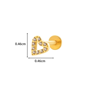 Detailed view of 0.46cm gold heart stud piercing with clear zircons and flat back