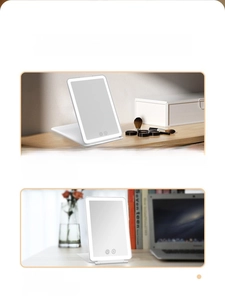 Close-up of portable LED makeup mirror with touch control and adjustable folding stand