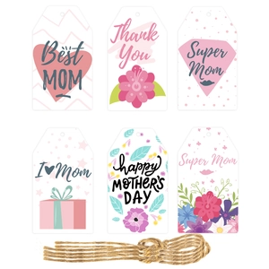 Detail of Happy Mother's Day gift tags featuring heart floral designs and natural jute twine