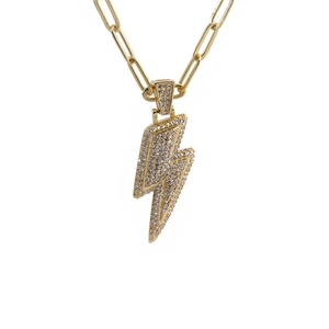 Hip hop style gold plated lightning bolt pendant necklace with sparkling cubic zirconia