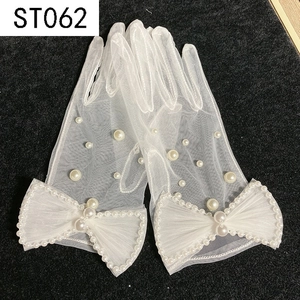 Elegant white lace bridal gloves with mesh bow and decorative pearls for weddings