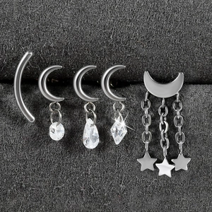 Titanium moon heart lip stud set with silver tassels and sparkling cubic zirconia