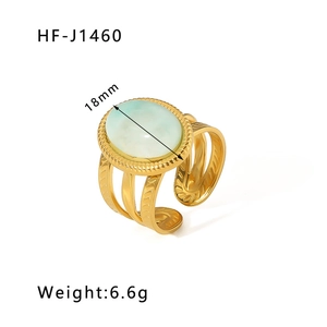Detail of vintage 18k gold plated stainless steel ring with oval green natural stone