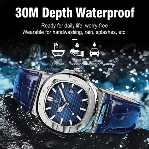 Waterproof ultra-thin men's quartz watch with blue dial and leather strap on wet rocks