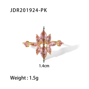 French style 18K gold plated stainless steel ring with pink marquise zircon flower