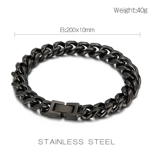 Close-up of 10mm black stainless steel Cuban link chain bracelet with product specifications