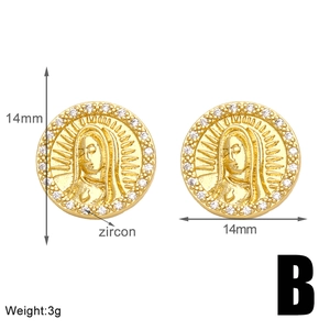 Detail view of 14mm gold coin earrings with Virgin Mary relief and zircon halo