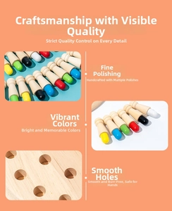Detail of smooth polished wooden pegs and natural grain base of memory chess toy