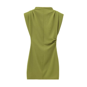 Grass green sleeveless dress with high neck, shoulder pads, and side ruched detailing