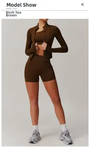 Ensemble de yoga 3 pièces marron foncé avec veste zippée, brassière de sport et short taille haute