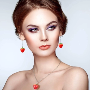 Handmade red resin strawberry jewelry set including dangle earrings and necklace