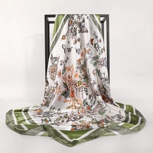 Elegant Butterfly Floral Print Square Scarf Satin Polyester Large Headscarf Shawl Sun Protection For Women