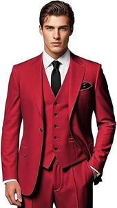 Detailed view of red slim fit three-piece suit including jacket, vest and trousers
