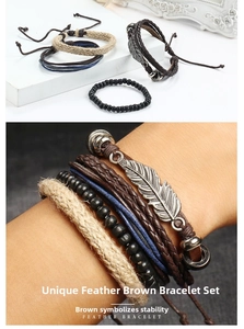 Detail of vintage layered bracelet set featuring leather cords and alloy feather charm