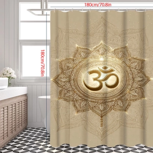 Detailed view of golden Mandala and Om pattern shower curtain with 180x180cm size markings