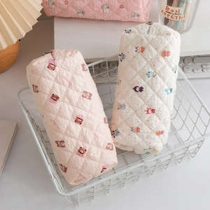 Quilted cotton pencil case set featuring cute cartoon bear prints in pink and white