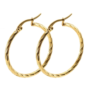 Minimalist 18K gold plated stainless steel twisted hoop earrings on white background