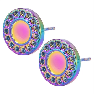 Detail view of round 304 stainless steel rainbow earrings with shimmering studs
