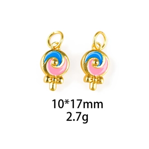 Close-up of gold sand lollipop charms in blue and pink enamel finish with 10x17mm size