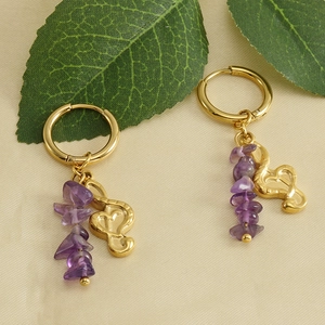 18k gold plated hoop earrings with purple natural stones and musical note charms