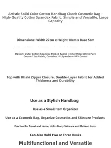 Detailed size chart for cotton striped makeup bag showing 27x18x5cm with khaki zipper