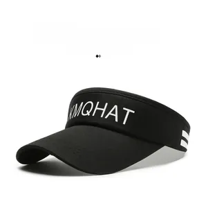 Detail of black sports sun visor with KMQHAT logo print and white side stripes
