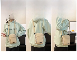 Three-way view of a beige canvas mini crossbody phone bag with adjustable black strap
