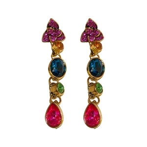 Vintage gold layered earrings with multicolored gemstones and red waterdrop pearls